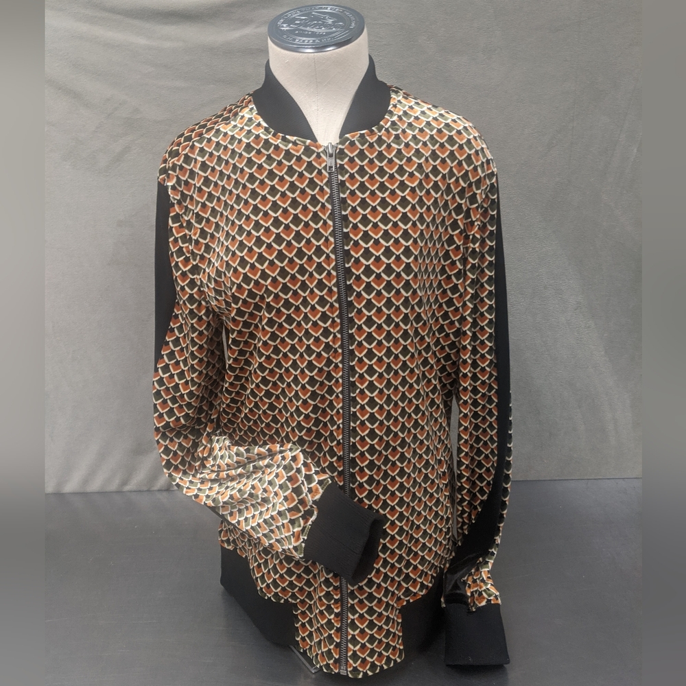 Patterned Velvet Zip Bomber Jacket in Black and Rust Men's S (Unisex)
